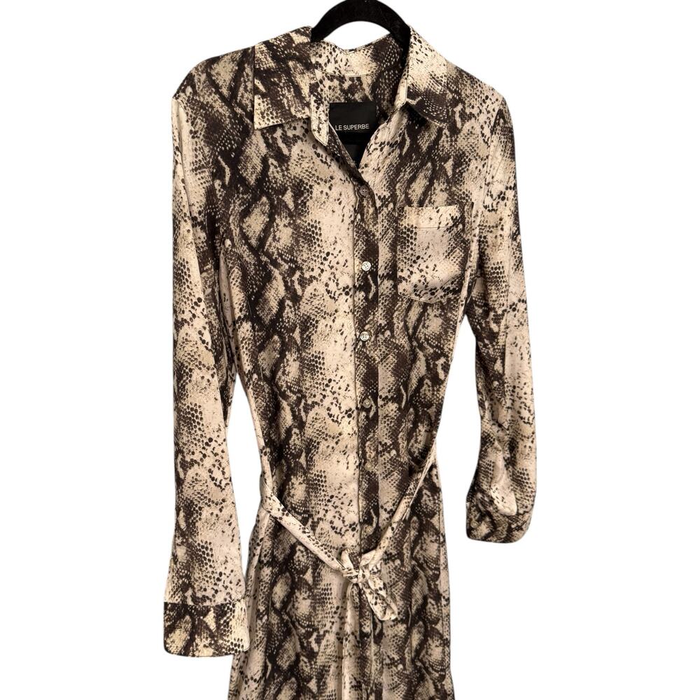 Le Superbe Size 2 Long Sleeve Belted Shirt Dress Brown Gray Snake Print Midi - Picture 3 of 10